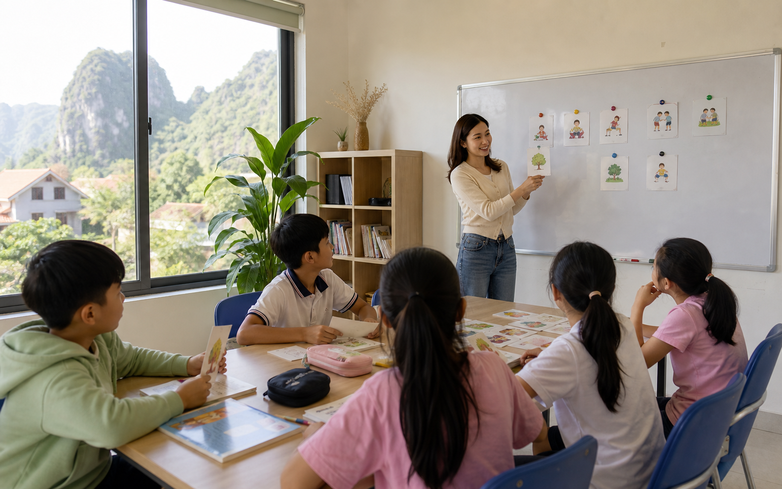 Buổi học tiếng Anh tại Hamily English, giáo viên đứng lớp cùng nhóm học sinh